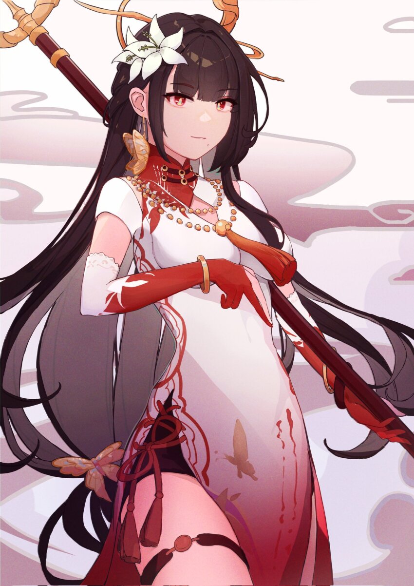 1girl, bracelet, brown_hair, colored_inner_hair, dress, flower, gloves, gradient_clothes