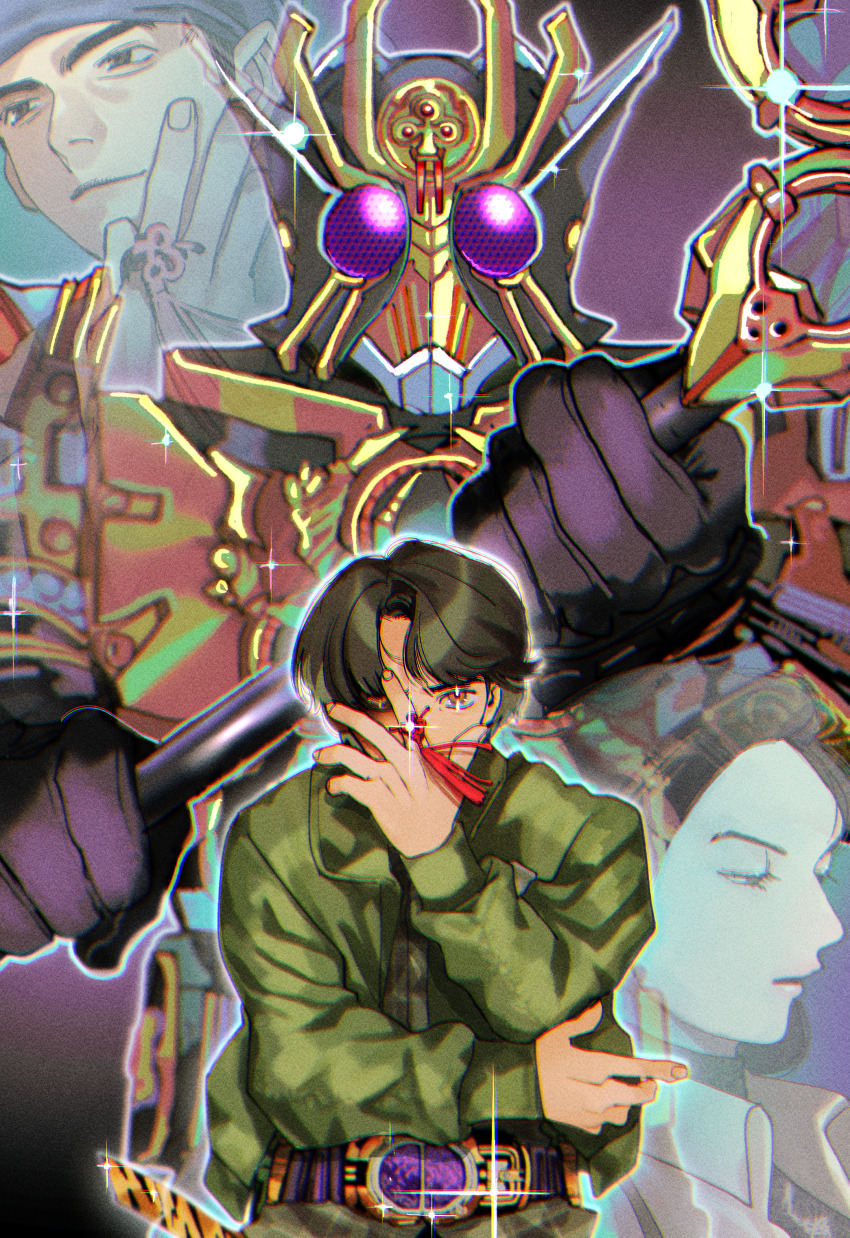 1girl, 2boys, absurdres, armor, belt, green_jacket, harumakocider, highres, holding, holding_weapon, jacket, jo_hikaru, kamen_rider, kamen_rider_blade_(series), kamen_rider_leangle, kamen_rider_leangle_(king_form), kamijo_mutsuki, long_sleeves, looking_at_viewer, multiple_boys, puffy_long_sleeves, puffy_sleeves, purple_eyes, shima_noboru, smile, tokusatsu, upper_body, weapon