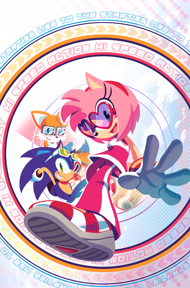1girl, 2boys, ;), amy_rose, amy_rose_(pro_riders), amy_rose_(riders), animal_ears, blue_eyes, eyelashes, eyewear_on_head, fox_boy, fox_ears, gloves, goggles, green_eyes, hedgehog, highres, multiple_boys, multiple_tails, nathalie_fourdraine, official_art, one_eye_closed, pants, shoes, smile, sonic_(series), sonic_riders, sonic_riders_(series), sonic_the_hedgehog, sonic_the_hedgehog_(idw), sonic_the_hedgehog_(riders), tail, tails_(riders)_(sonic), tails_(sonic), teeth, two_tails