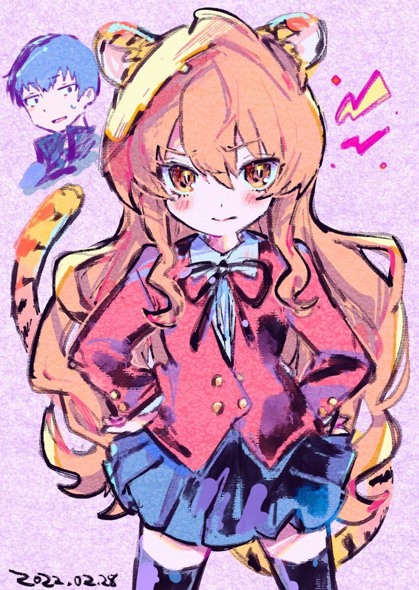 1boy, 1girl, aisaka_taiga, animal_ears, black_ribbon, black_thighhighs, blue_hair, blue_skirt