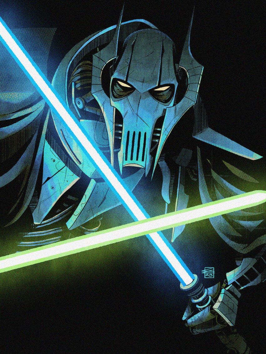 1boy, alien, artist_logo, blue_lightsaber, colin_craker, colored_sclera, dual_wielding, energy_sword, general_grievous, green_lightsaber, highres, holding, holding_sword, holding_weapon, lightsaber, logo, solid_eyes, solo, star_wars, sword, upper_body, weapon, yellow_sclera
