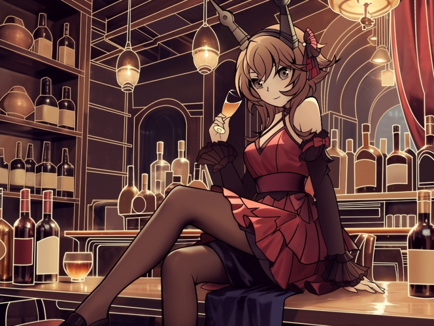 1girl, alternate_costume, alternate_eye_color, bar_(place), black_pantyhose, black_sleeves, bottle, breasts, brown_hair, cup, detached_sleeves, dress, drinking_glass, flipped_hair, grey_eyes, guouuu, headgear, holding, holding_cup, kantai_collection, long_sleeves, medium_breasts, mutsu_(kancolle), pantyhose, red_dress, short_hair, sitting, smile, solo