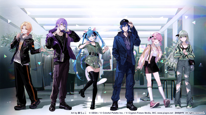 3boys, 3girls, ahoge, animal_ears, artist_name, bag, baseball_cap, belt