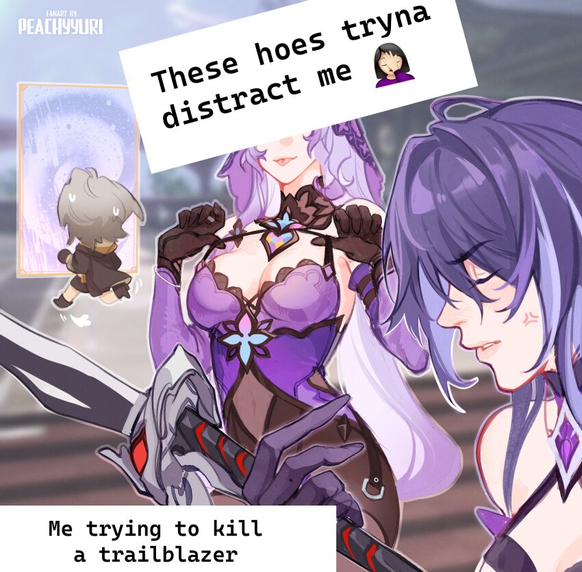 3girls, :p, absurdres, acheron_(honkai:_star_rail), anger_vein, bare_shoulders, black_footwear, black_gloves