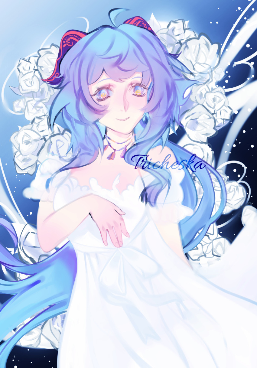 1girl, absurdres, antlers, bare_shoulders, bell, blue_hair, flower, ganyu_(genshin_impact)