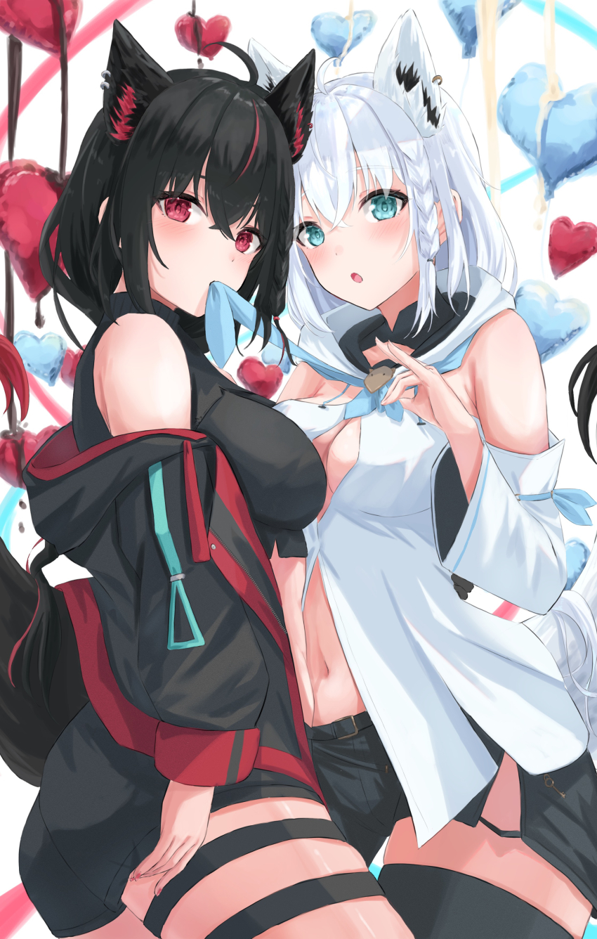 2girls, absurdres, ahoge, animal_ear_fluff, animal_ears, black_hair, black_jacket, black_shirt