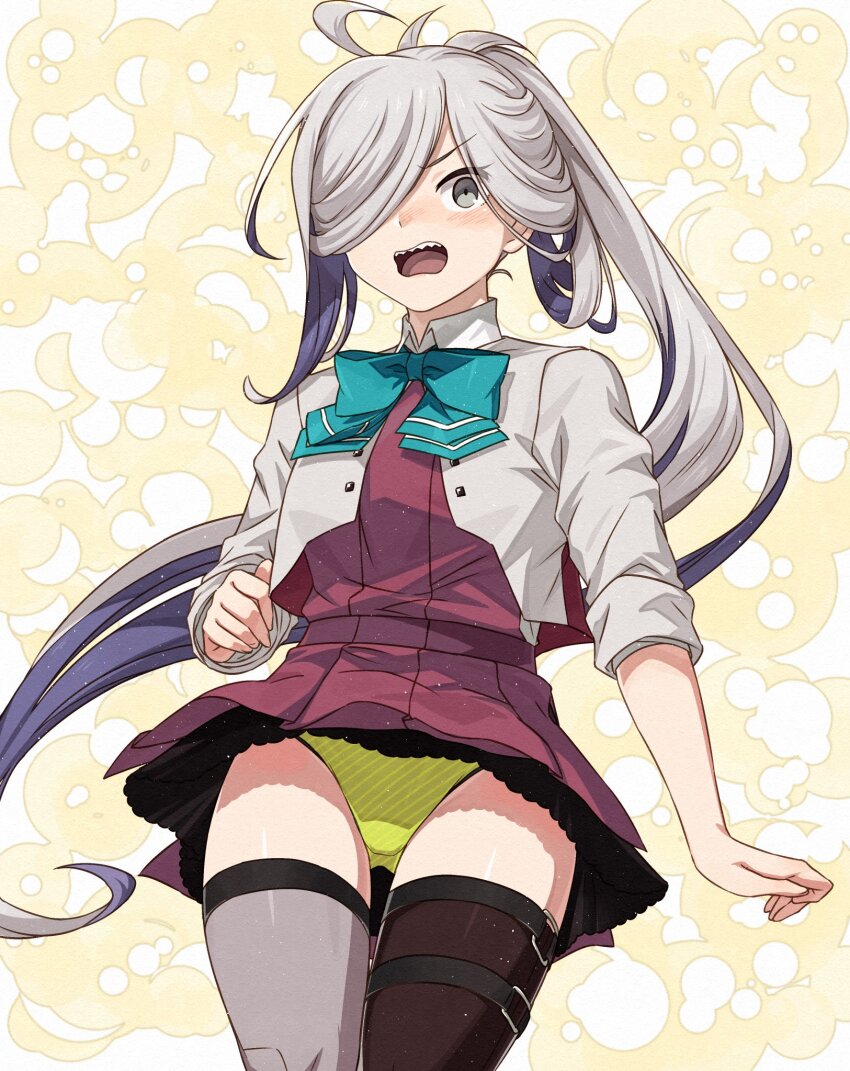 1girl, ahoge, aqua_bow, aqua_bowtie, asashimo_(kancolle), asashimo_kai_ni_(kancolle), asymmetrical_legwear, black_thighhighs