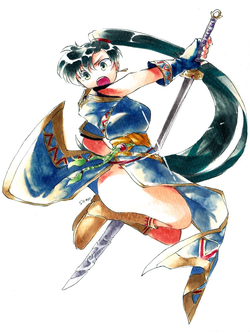 1girl, blue_dress, dress, earrings, fingerless_gloves, fire_emblem, fire_emblem:_the_blazing_blade, gloves, green_eyes, green_hair, high_ponytail, highres, jewelry, long_hair, lyn_(fire_emblem), nintendo, pelvic_curtain, ponytail, rope_belt, samo_game, side_slit, sword, weapon