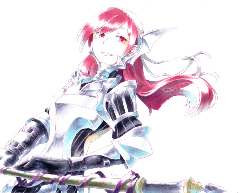 1girl, armor, breastplate, cherche_(fire_emblem), fire_emblem, fire_emblem_awakening, highres, holding, holding_polearm, holding_weapon, looking_to_the_side, nintendo, polearm, red_eyes, red_hair, samo_game, smile, solo, upper_body, weapon