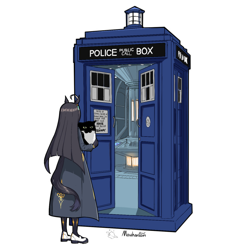 1girl, animal, animal_ears, black_coat, black_hair, black_pantyhose, cat, coat