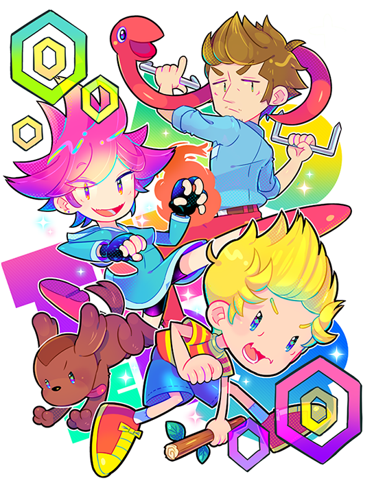 1girl, 2boys, belt, blonde_hair, blue_dress, blue_eyes, blue_shirt, blue_shorts