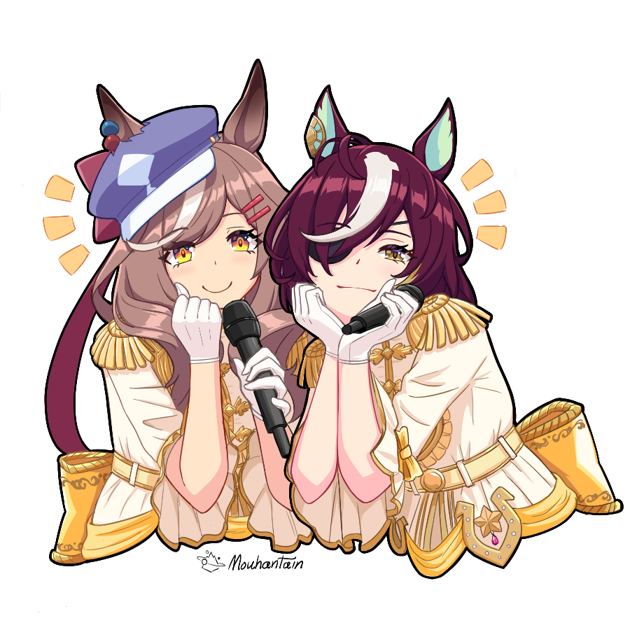 2girls, animal_ears, artist_logo, artist_name, back_bow, blue_headwear, bow, brown_hair