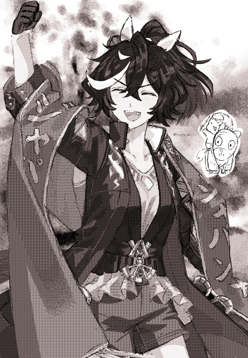 1girl, 1other, animal_ears, arm_up, blurry, blurry_background, chibi, clenched_hand