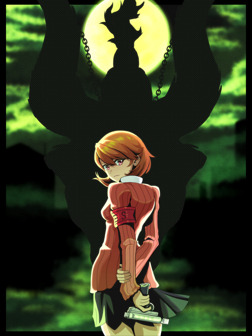 1girl, absurdres, amaterasu_(amaterasu1), armband, black_skirt, brown_eyes, brown_hair, cardigan