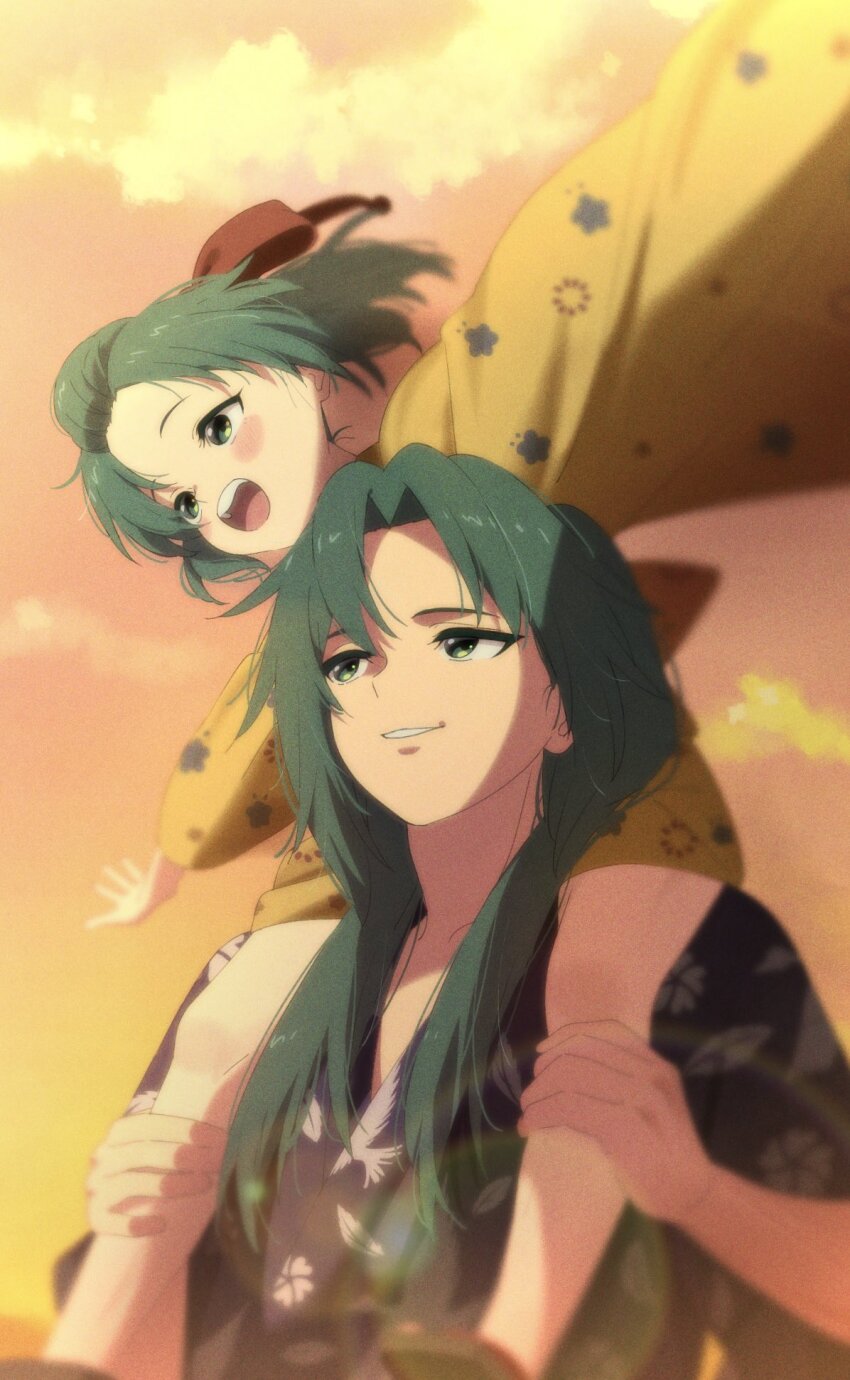 aru_aru, blush_stickers, carrying, child, cloud, collarbone, commentary_request, evening