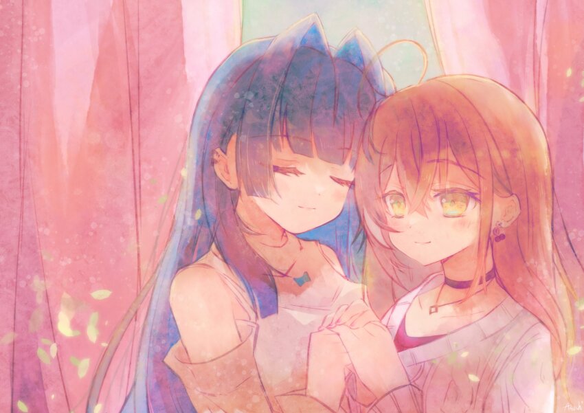 2girls, ahoge, aran_sweater, asashi_kaede, black_choker, blue_hair, blunt_bangs, brown_hair