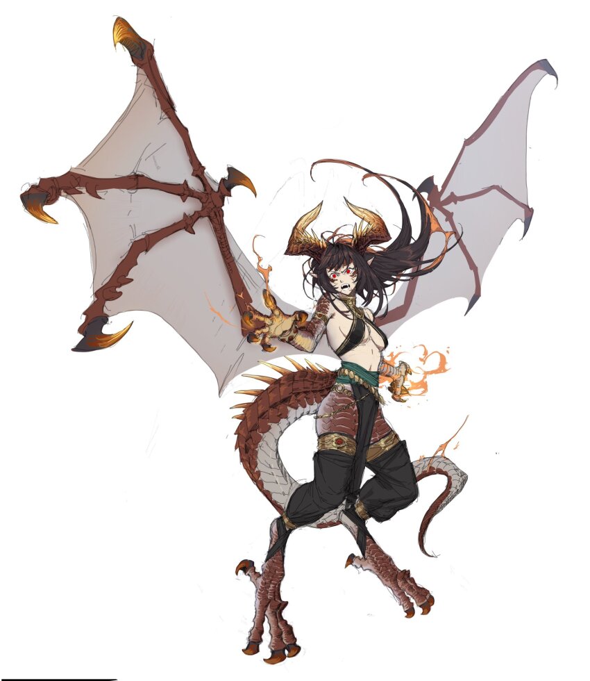 1girl, animal_feet, animal_hands, armlet, baggy_pants, bracelet, breasts, brown_hair, brown_horns, claws, colored_tips, commentary, digitigrade, dragon_girl, dragon_horns, dragon_tail, dragon_wings, fangs, fire, floating_hair, flying, full_body, furrowed_brow, gem, highres, horns, jewelry, leviair, long_hair, looking_at_viewer, medium_breasts, monster_girl, multicolored_hair, neck_ring, open_mouth, orange_hair, orange_horns, original, pants, pelvic_curtain, pointy_ears, pyrokinesis, red_eyes, red_gem, red_scales, red_wings, scales, simple_background, solo, untranslatable_commentary, tail, thighlet, white_background, wings