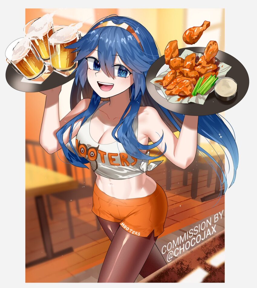 1girl, alcohol, alternate_costume, beer, beer_mug, brand_of_the_exalt, celery, chicken_(food)