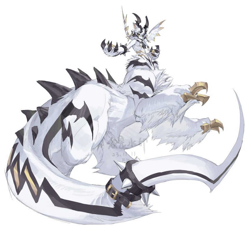 1boy, absurdres, animal_ears, animal_hands, black_collar, black_eyes, black_horns, black_sclera, body_fur, bracelet, bright_pupils, centauroid, claws, closed_mouth, collar, colored_sclera, colored_skin, commentary, commission, ear_piercing, english_commentary, extra_ears, full_body, hair_between_eyes, hands_up, head_wings, highres, horns, jewelry, leviair, long_hair, looking_at_viewer, male_focus, monster_boy, multicolored_eyes, multiple_horns, original, piercing, simple_background, solo, spiked_bracelet, spiked_collar, spikes, spines, standing, tail, tail_strap, taur, watermark, white_background, white_fur, white_hair, white_skin, white_wings, wings, yellow_eyes