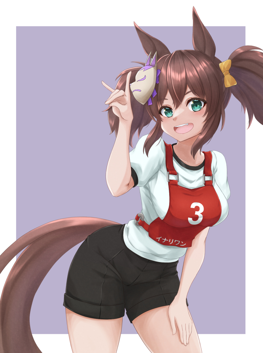 1girl, animal_ears, black_shorts, bow, brown_hair, character_name, commentary, fox_mask
