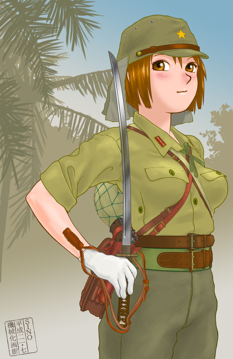 1girl, arisaka, bayonet, belt, bolt_action, brown_eyes, brown_hair, female_focus