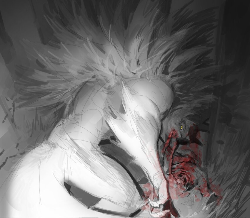 1boy, animal_hands, blood, blood_on_face, blood_on_hands, body_fur, claws, corpse