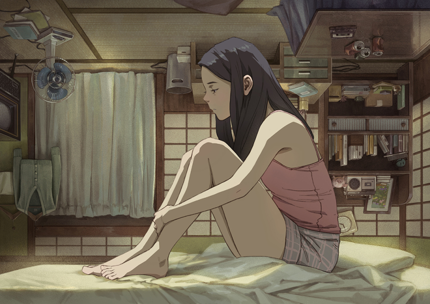 1girl, bare_arms, bare_legs, barefoot, black_eyes, black_hair, book, bookshelf, box, breasts, buttons, camisole, can, cardboard_box, cassette_tape, chest_of_drawers, clock, closed_mouth, clothes_hanger, electric_fan, expressionless, feet, futon, grey_shorts, half-closed_eyes, indoors, knees_up, legs, long_hair, notebook, original, photo_(object), piggy_bank, pillow, pink_camisole, plaid_clothes, plaid_shorts, profile, radio, reengirl, shirt, shorts, shouji, sidelocks, sitting, sliding_doors, small_breasts, solo, spaghetti_strap, table, tatami, toes, trash_can, upside-down_background