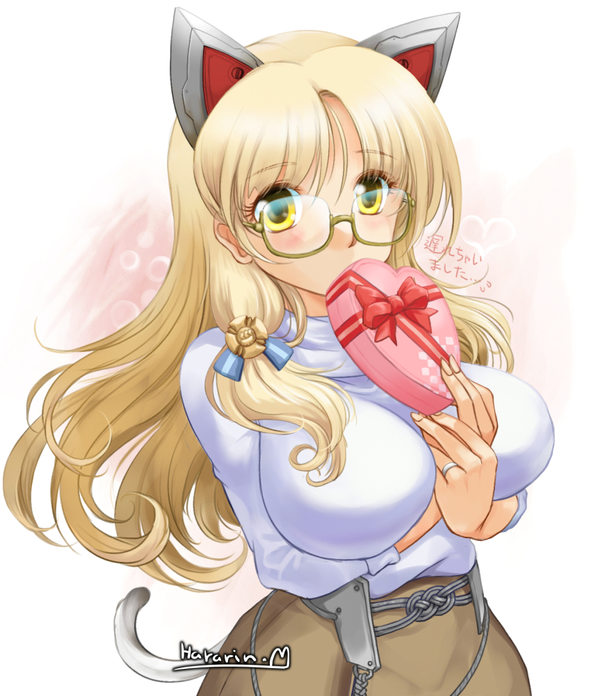 1girl, blonde_hair, box, breasts, gift, gift_box, glasses, headgear