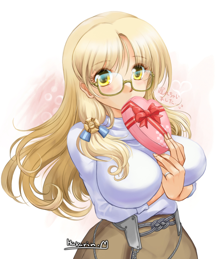 1girl, blonde_hair, box, breasts, gift, gift_box, glasses, heart-shaped_box