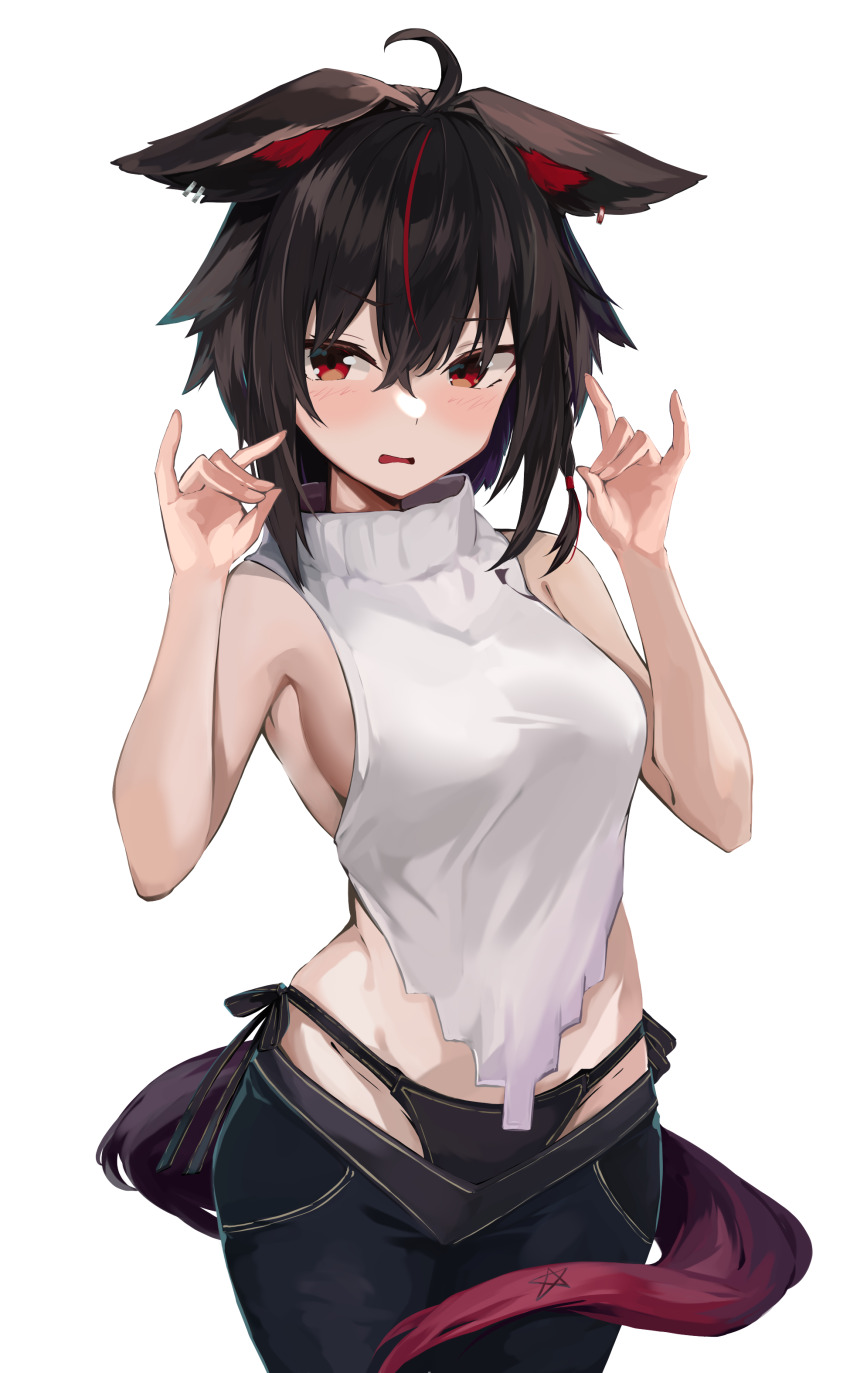 1girl, absurdres, ahoge, animal_ear_fluff, animal_ear_piercing, animal_ears, averting_eyes, bare_shoulders