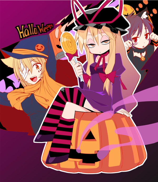 3girls, alternate_costume, alternate_eye_color, animal_ears, bad_id, bad_pixiv_id, black_hat, cat_ears