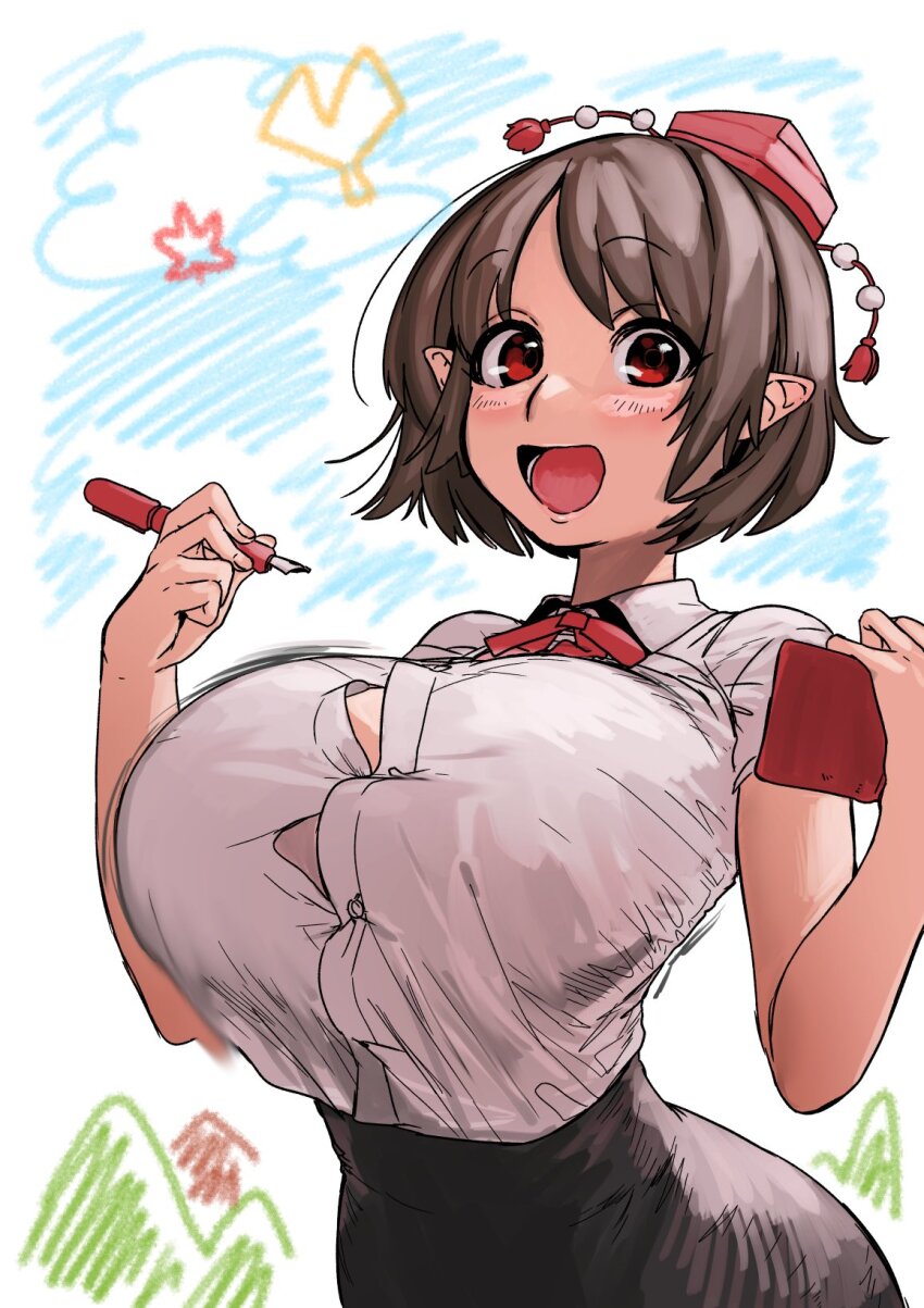 1girl, :d, breasts, brown_hair, button_gap, child's_drawing, hands_up, happy