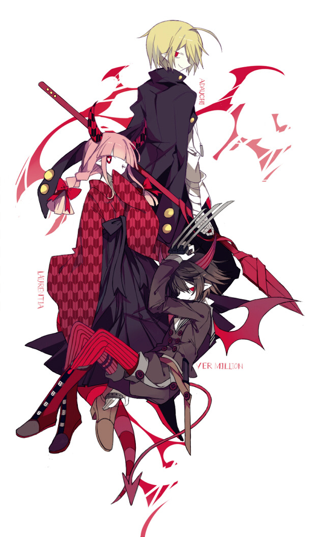 1girl, 2boys, adauchi_(funamusea), blonde_hair, braid, brown_hair, demon_boy, demon_girl, demon_horns, funamusea, horns, japanese_clothes, laurentia_(funamusea), looking_at_viewer, multiple_boys, nuuunuuu, oounabara_to_wadanohara, pink_hair, school_uniform, twin_braids, ver_million_(funamusea)