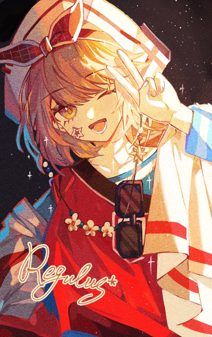 1girl, ;d, bicorne, black_background, bow, bow_hairband, brown_hair, character_name