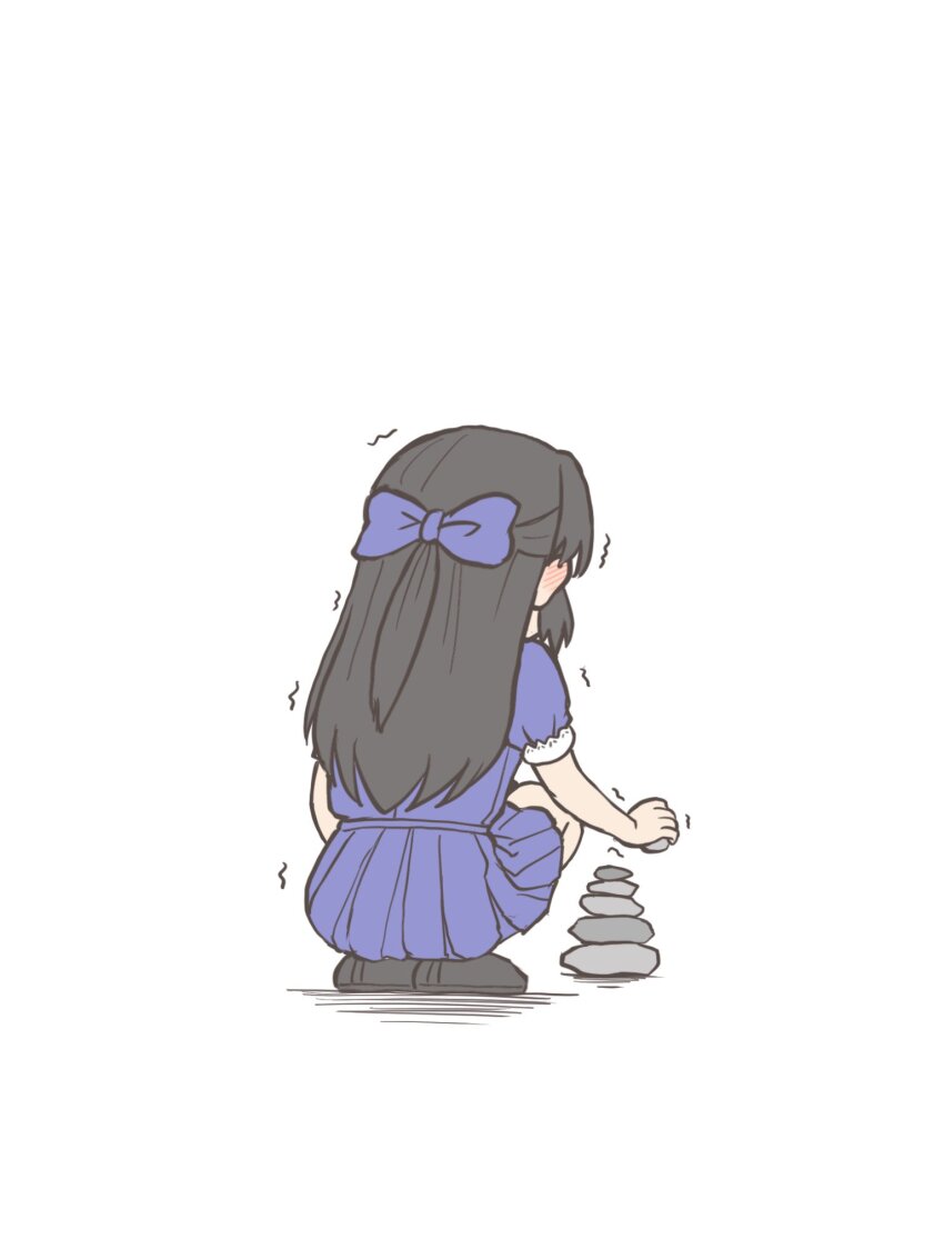 1girl, back, black_footwear, black_hair, blue_bow, blue_shirt, blue_skirt, blush