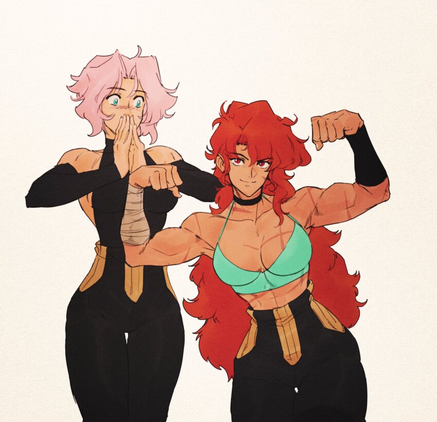 2girls, biceps, blue_eyes, breasts, choker, cleavage, david_liu, double_biceps_pose