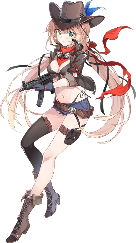 1girl, bikini, bikini_top_only, blonde_hair, boots, breasts, cleavage, cowboy_hat, fingerless_gloves, full_body, gloves, green_eyes, gun, hat, high_heel_boots, high_heels, holding, holding_gun, holding_weapon, iron_saga, jacket, kinoshita_neko, long_hair, navel, official_art, open_clothes, open_jacket, red_scarf, scarf, shorts, single_thighhigh, solo, submachine_gun, swimsuit, thighhighs, third-party_source, transparent_background, tysha_(iron_saga), weapon