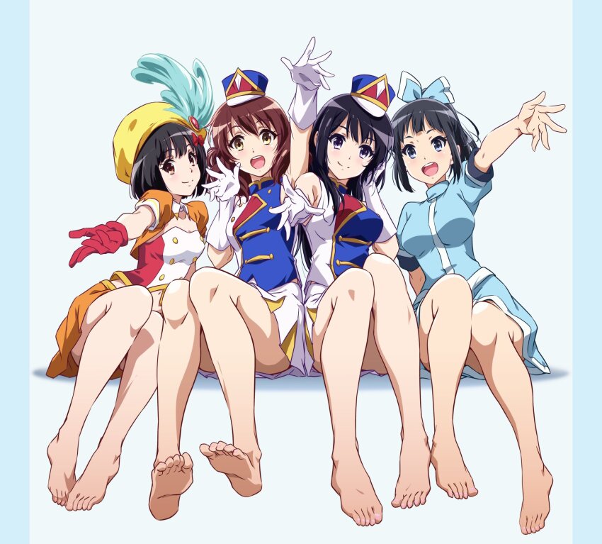 4girls, bare_legs, barefoot, blue_shirt, blue_skirt, brown_eyes, brown_hair, feet, gloves, hibike!_euphonium, highres, hisaishi_kanade, kousaka_reina, legs, looking_at_viewer, marching_band, mini_hat, mini_shako_cap, multiple_girls, nii_manabu, oumae_kumiko, sasaki_azusa, shako_cap, shirt, skirt, smile, soles, thighs, toenails, toes, white_gloves, white_skirt, yellow_skirt