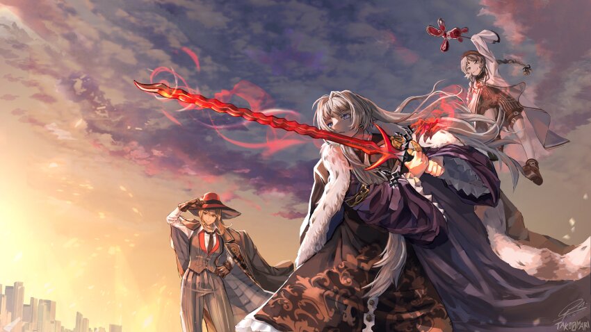 3girls, absurdres, ankle_boots, arm_up, artist_name, balloon_party, belt, beret