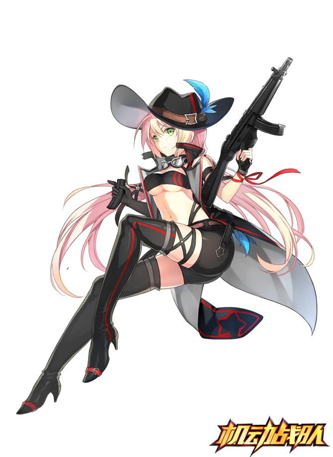1girl, blonde_hair, boots, breasts, fingerless_gloves, full_body, gloves, goggles, goggles_around_neck, green_eyes, gun, hat, high_heel_boots, high_heels, holding, holding_gun, holding_weapon, iron_saga, jacket, kinoshita_neko, logo, long_hair, navel, official_alternate_costume, official_art, open_clothes, open_jacket, shorts, solo, submachine_gun, thigh_boots, tysha_(iron_saga), underboob, weapon, white_background