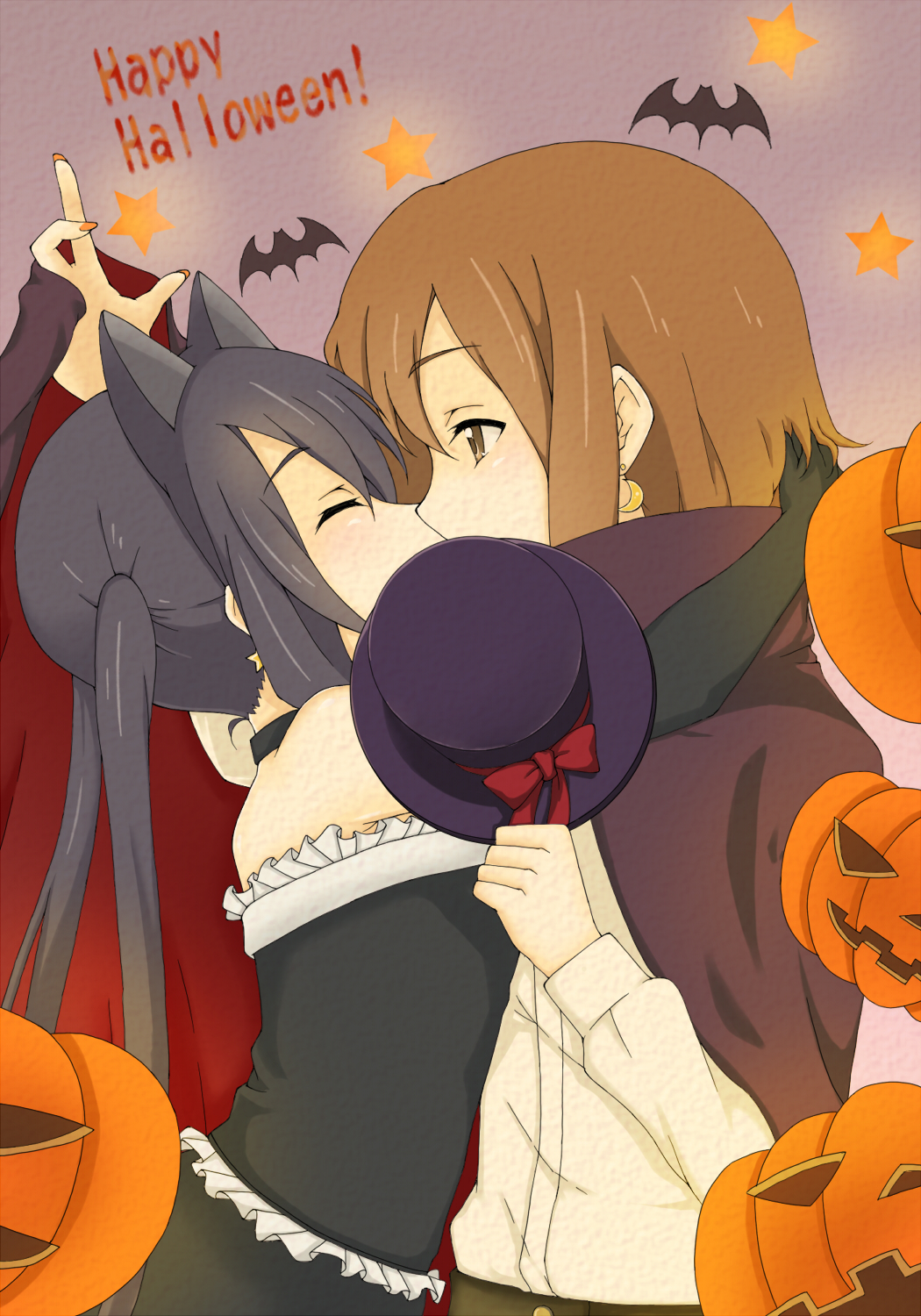 2girls, aoi2410, black_hair, brown_eyes, brown_hair, covering_privates, elbow_gloves, closed_eyes, female_focus, gloves, halloween, happy_halloween, hat, highres, hirasawa_yui, jack-o'-lantern, k-on!, kiss, long_hair, multiple_girls, nakano_azusa, pumpkin, twintails, yuri