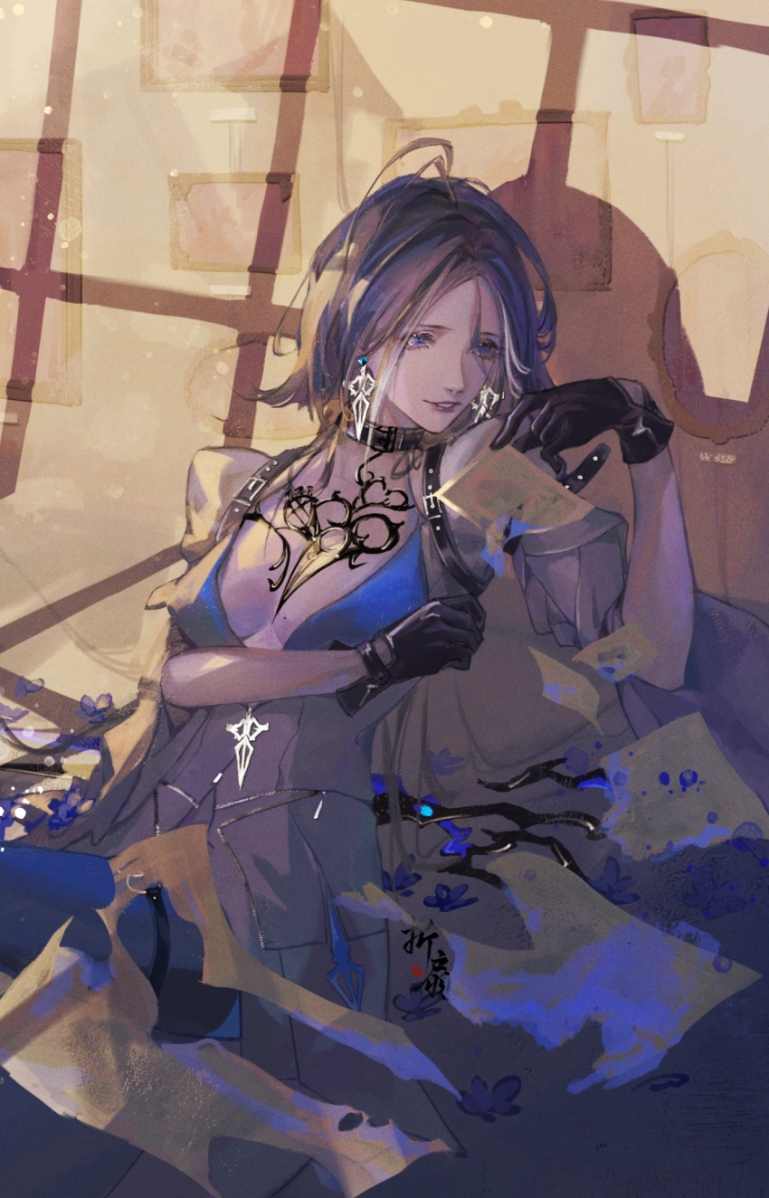 1girl, adela_(path_to_nowhere), arm_belt, belt_collar, black_gloves, black_hair, blue_eyes, blue_fire