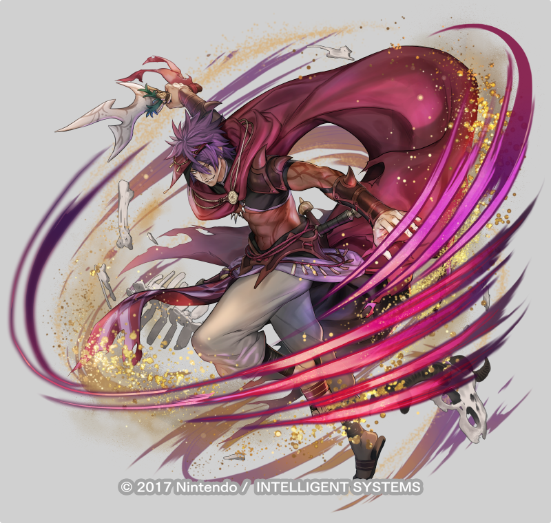 1boy, abs, baggy_pants, bodystocking, cape, copyright_name, dagger, deen_(fire_emblem_gaiden)