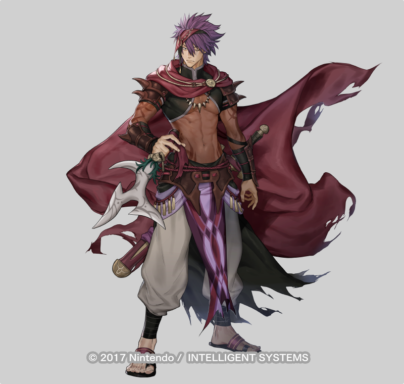 1boy, abs, baggy_pants, bodystocking, cape, copyright_name, dagger, deen_(fire_emblem_gaiden)