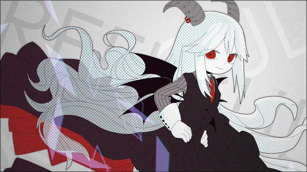 1girl, bad_id, bad_pixiv_id, demon_girl, demon_horns, demon_wings, formal_clothes, funamusea