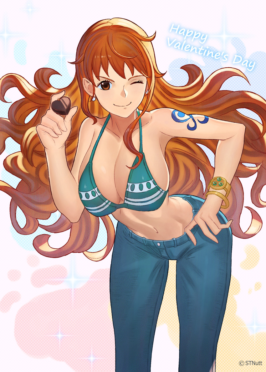 1girl, bangle, bare_shoulders, bikini, bikini_top_only, blue_pants, bracelet, breasts, candy, chocolate, chocolate_heart, cleavage, closed_mouth, collarbone, commentary, denim, earrings, feet_out_of_frame, floating_hair, food, green_bikini, hand_on_own_hip, happy_valentine, heart, highres, holding, holding_chocolate, holding_food, jeans, jewelry, large_breasts, leaning_forward, log_pose, long_hair, looking_at_viewer, midriff, nami_(one_piece), nami_(one_piece)_(return_to_sabaody), navel, official_alternate_costume, one_eye_closed, one_piece, open_mouth, orange_eyes, pants, pearl_earrings, shoulder_tattoo, smile, solo, sparkle, stnutt, striped_bikini, striped_clothes, swimsuit, tattoo, valentine, very_long_hair, wavy_hair