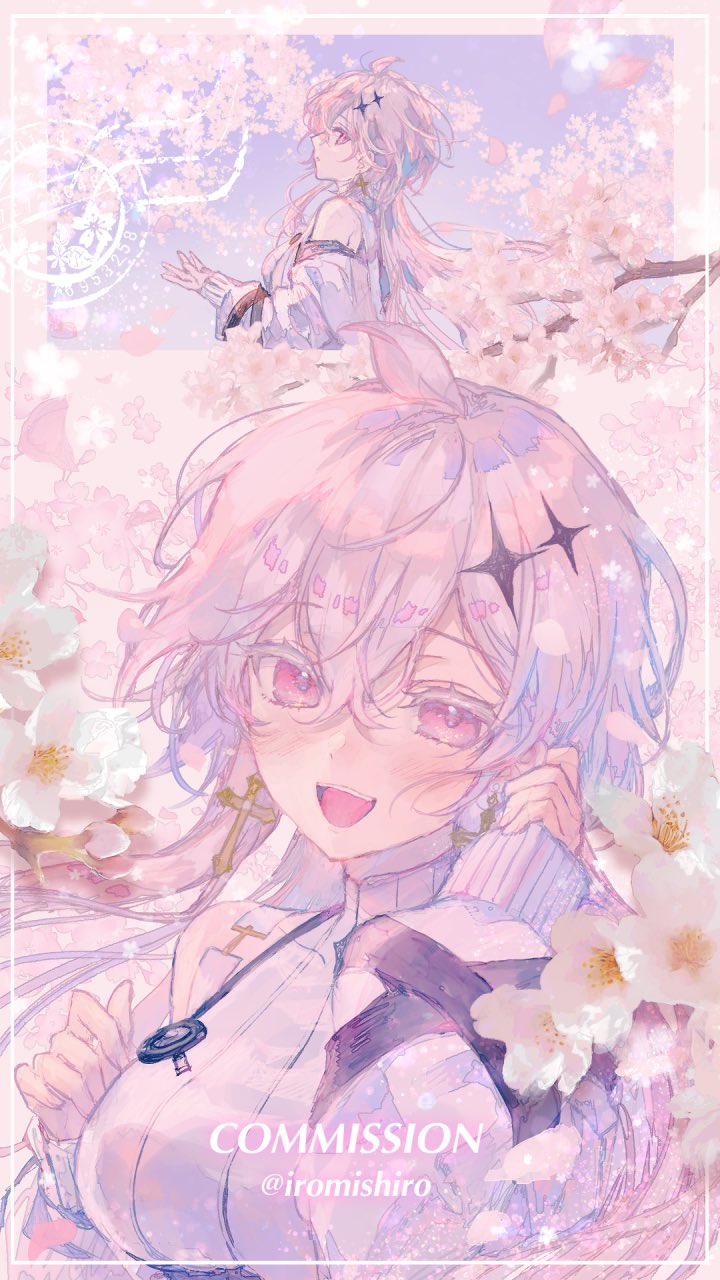 1girl, :d, ahoge, blush, branch, breasts, cherry_blossoms, commission