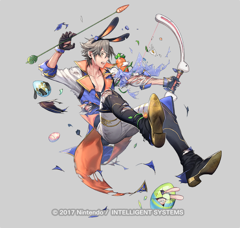 1boy, animal_ears, arrow_(projectile), boots, carrot, copyright_name, easter_egg, egg, fake_animal_ears, fire_emblem, fire_emblem_heroes, grey_hair, holding, holding_arrow, holding_weapon, inigo_(spring)_(fire_emblem), knee_boots, nintendo, official_alternate_costume, official_art, p-nekor, pants, rabbit_ears, solo, weapon, white_pants