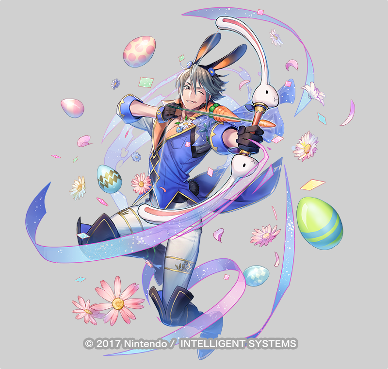 1boy, animal_ears, arrow_(projectile), boots, copyright_name, easter_egg, egg, fake_animal_ears, fire_emblem, fire_emblem_heroes, grey_hair, holding, holding_arrow, holding_weapon, inigo_(spring)_(fire_emblem), knee_boots, nintendo, official_alternate_costume, official_art, p-nekor, pants, rabbit_ears, solo, weapon, white_pants