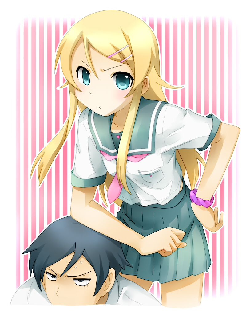 1boy, 1girl, aqua_eyes, black_hair, blonde_hair, blush, brother_and_sister, fira_yuki